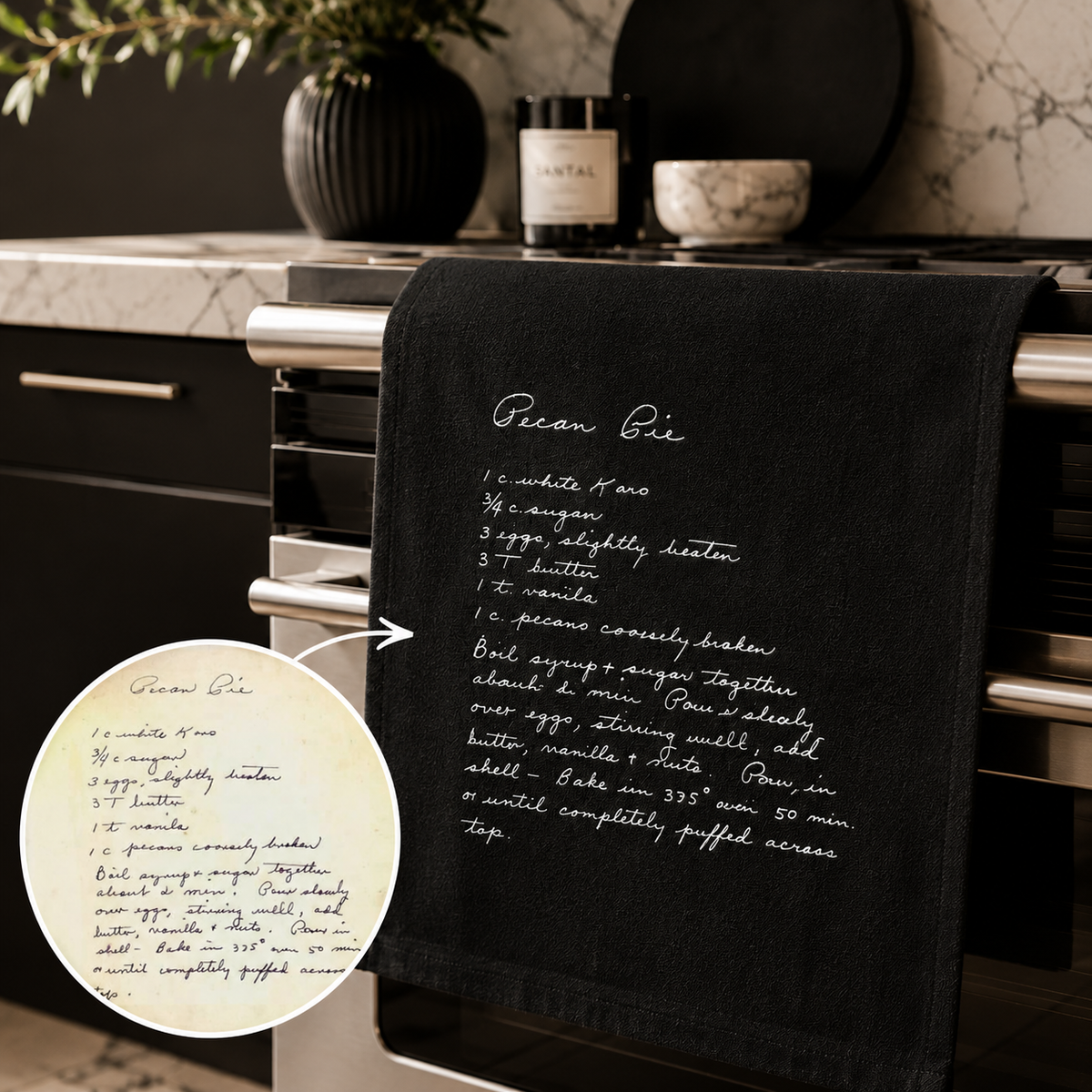 Handwritten recipe embroidered kitchen towel