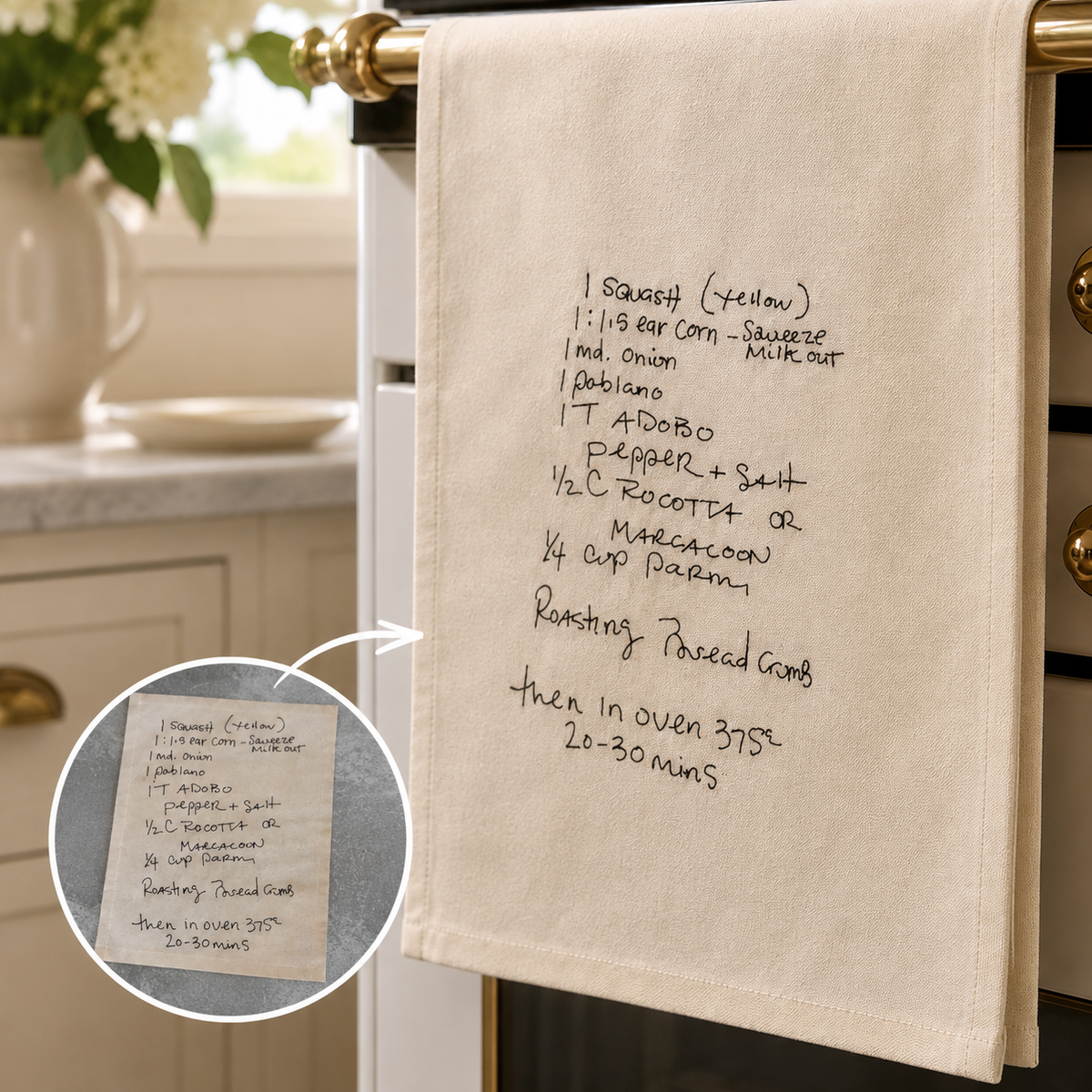 Handwritten recipe embroidered kitchen towel