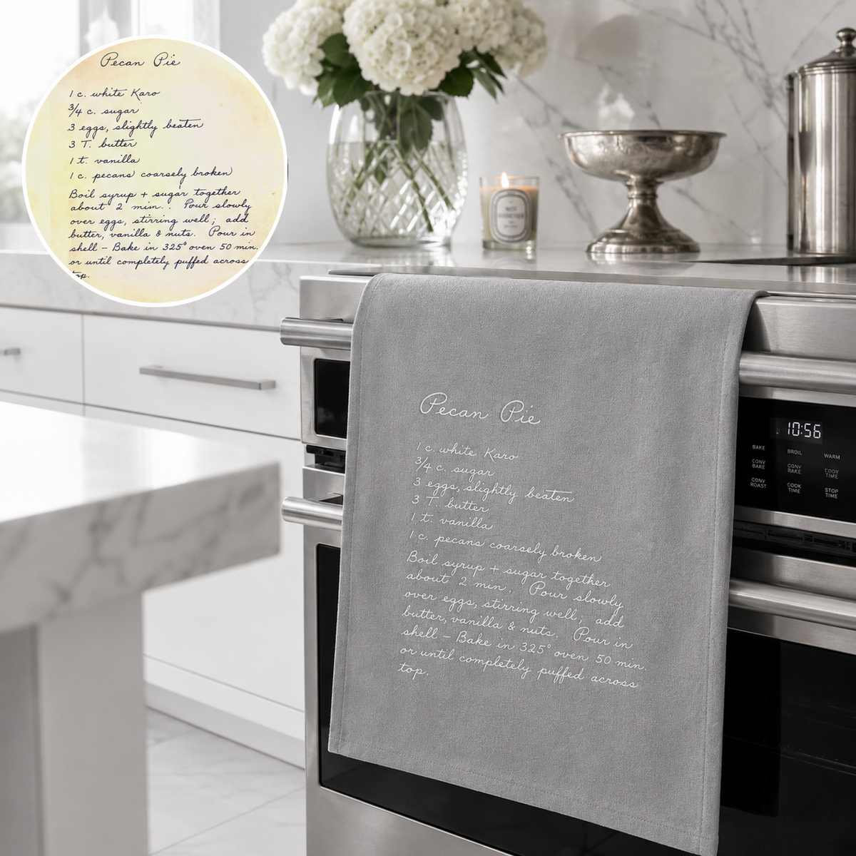 Handwritten recipe embroidered kitchen towel