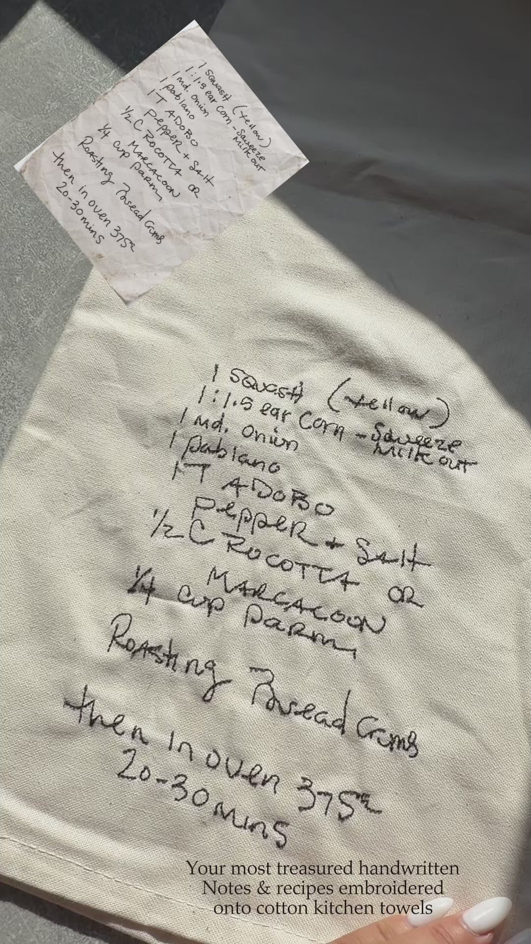 Handwritten recipe embroidered kitchen towel